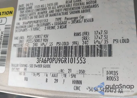 2016 Ford Fusion Se Phev z USA, uszkodzony, nr VIN 3FA6P0PU9GR101553